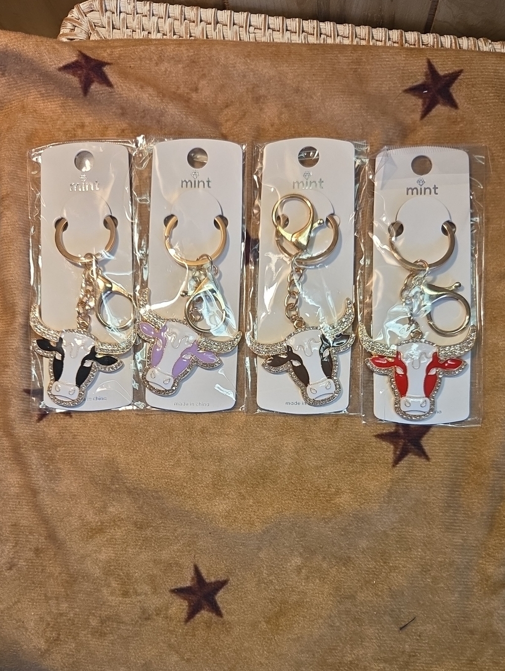 4 For 20  Mint Enamel Cow Head Keychain Trio in Black, Lavender, Black/White